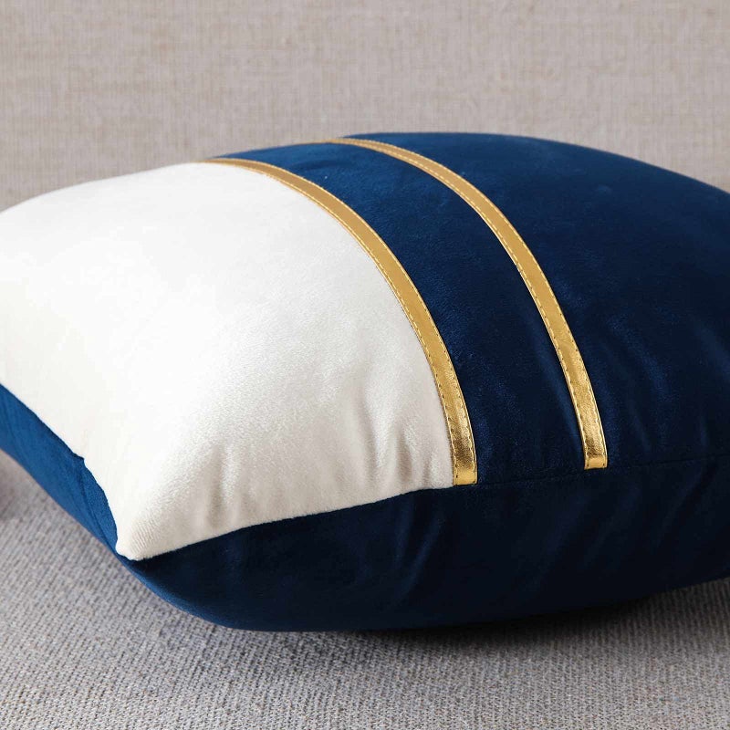 WACOMECO Velvet Throw Pillow Covers - Pack of 2 Soft Decorative Cushion Covers Cases with Gold Leather for Sofa Bedroom Livingroom Car  18 x 18 in  Navy and White - Image 3
